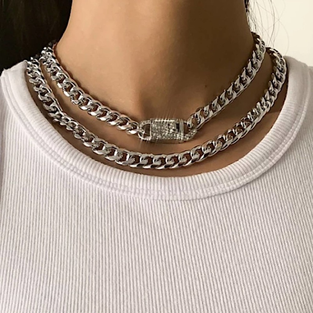 SILVER RHINESTONE LOCK CUBAN CHAIN LINK LAYER CHOKER NECKLACE